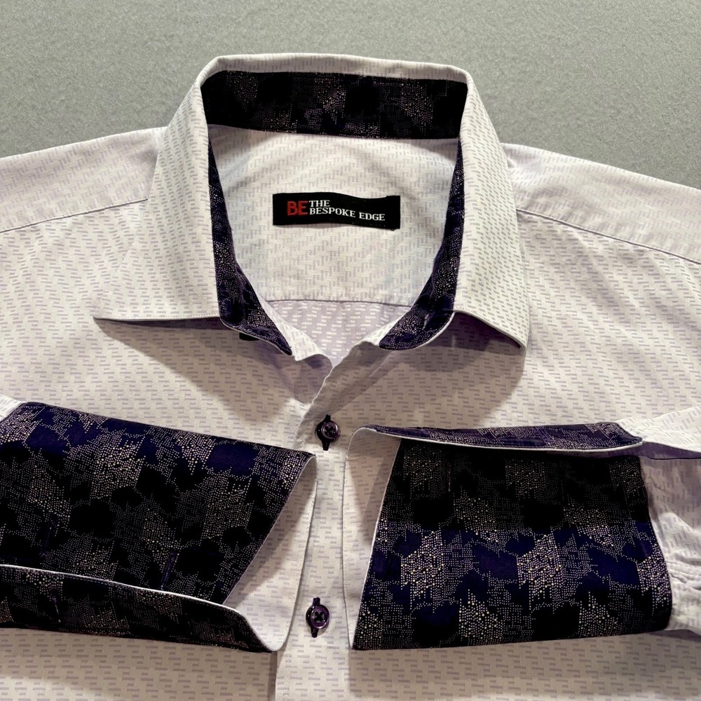 RARE! Bespoke Edge Men L/XL‎ Shirt White Purple Contrast Cuffs Collar Custom USA